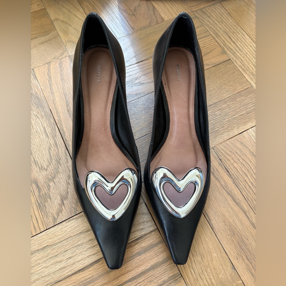 Maeve Black Heels with Silver Heart Accent